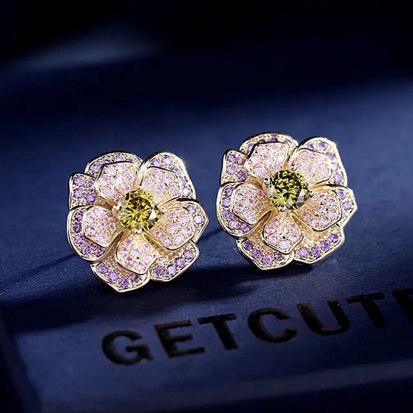 Jewelry - Pink Purple Green Floral Zircon Gold Earrings